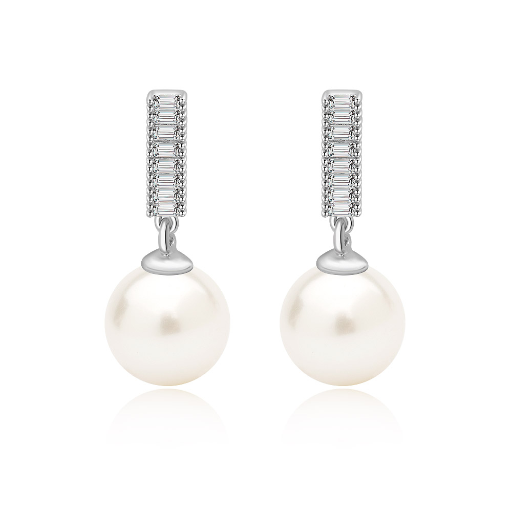 Pearl Drop CZ Bar Stud Earrings